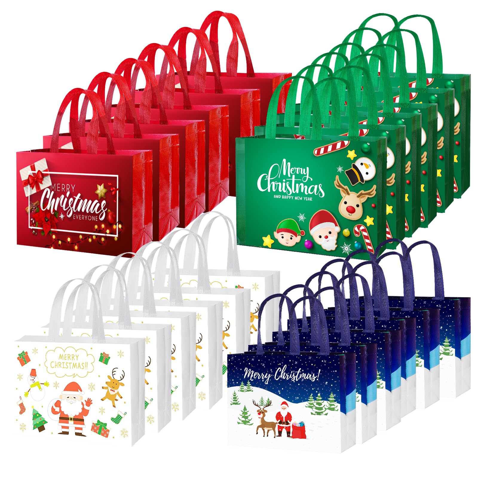 24 Pack Large Christmas Gift Bags - Reusable Non-Woven Holiday Tote Bags with Handles, Xmas Shopping Bags for Gift Wrapping, Party Supplies, Treat Bags (12.8