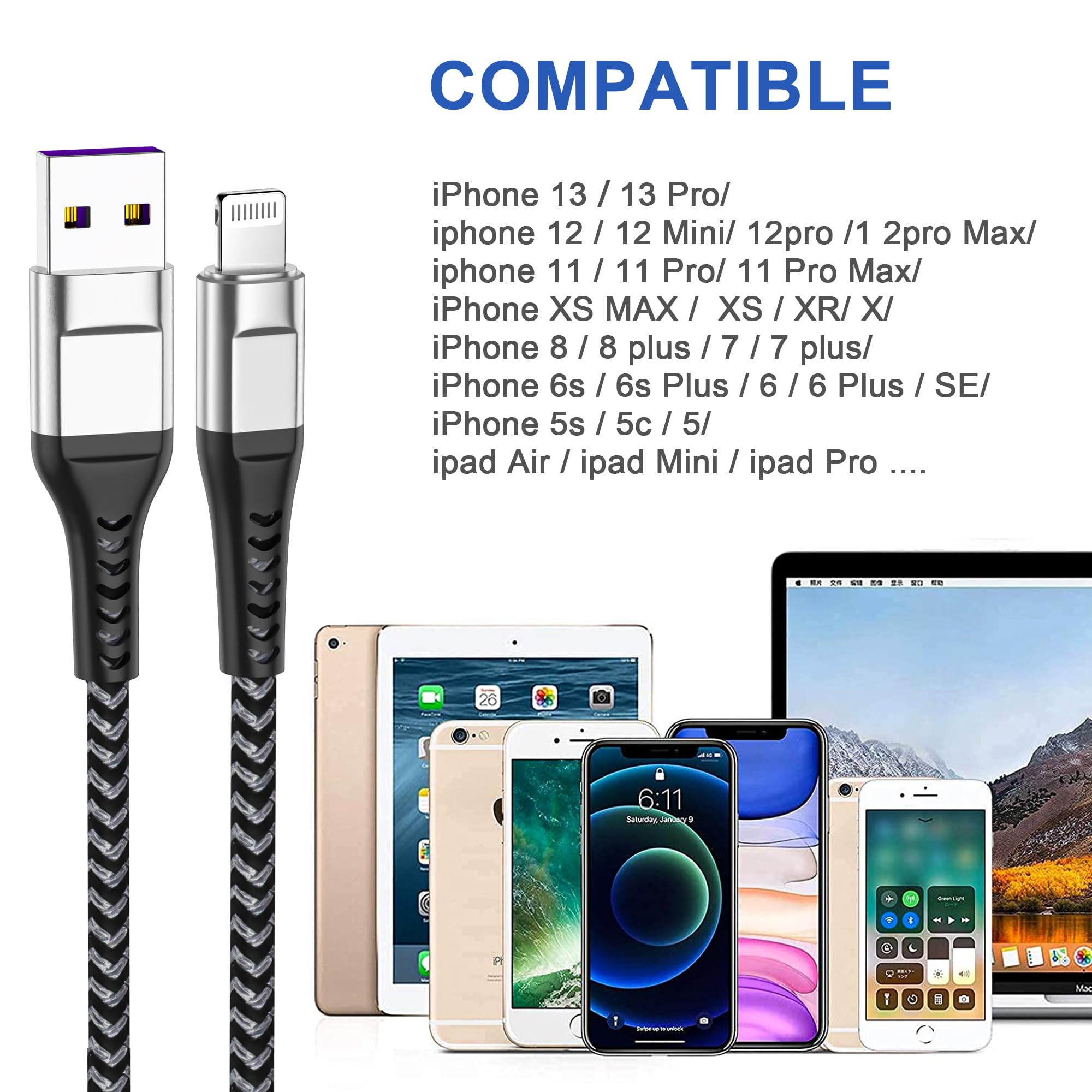 3-Pack 3ft iPhone Charger Cable - Fast Charging Cord Compatible with iPhone 14/13/12/11/X/8/7/6 Series - Durable Nylon Braided Grey Cable for Home, Office & Travel Use