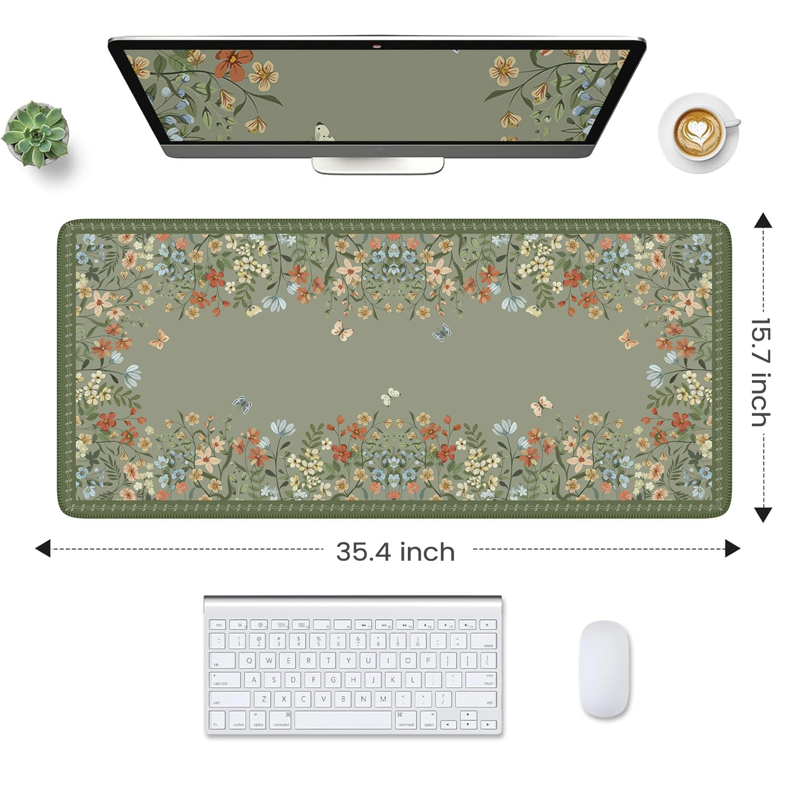 HAOCOO Floral Desk Mat - Extra Large Non-Slip Rubber Base Keyboard & Mouse Pad, Waterproof Office Desk Mat for Computer, Gaming & Work - Dark Green - Perfect for Women's Workspace & Home Office Setup