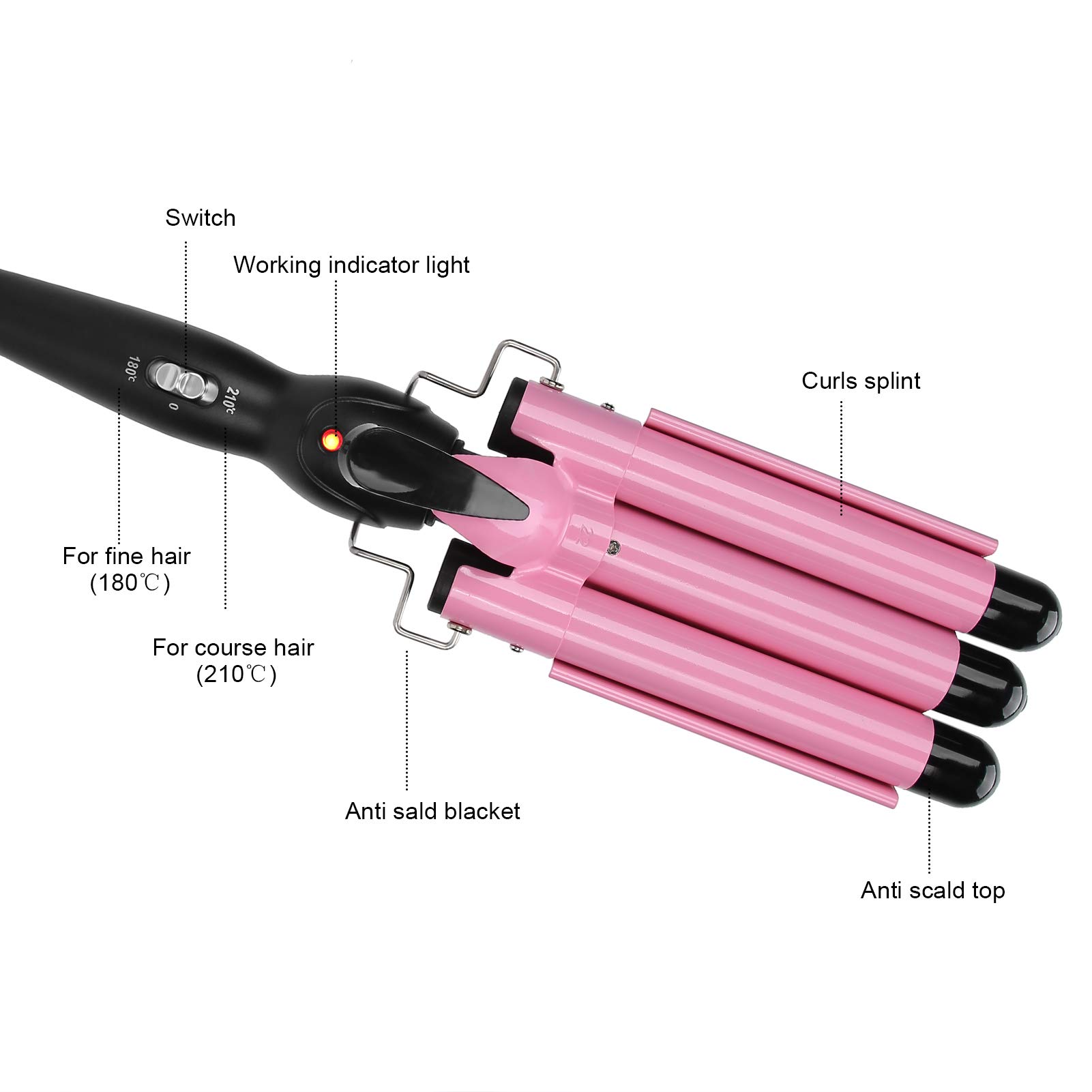 3 Barrel Curling Iron Wand - Adjustable Temperature Ceramic Hair Crimper & Waver with 3 Sizes (22mm Pink) for Beach Waves & Curly Styles - 110V-240V for Home & Salon Use