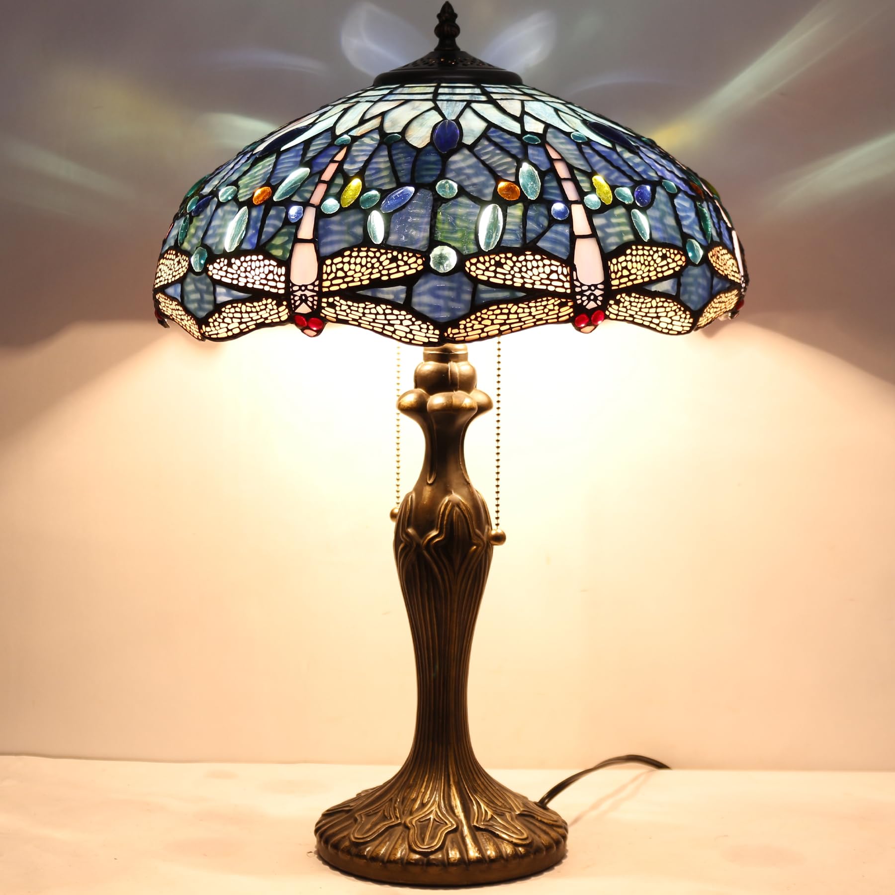 WERFACTORY Tiffany Style Dragonfly Stained Glass Table Lamp - 16x16x24 Inch Blue Bedside Reading Light with Metal Base for Bedroom, Living Room & Home Office (S631 Series) | Perfect for Cozy Ambiance, Study & Relaxation