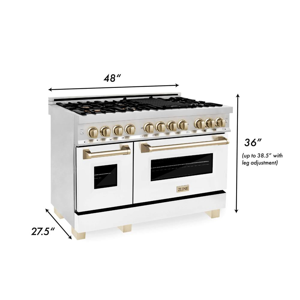 ZLINE Autograph Edition 48-inch Stainless Steel Dual Fuel Range with White Matte Door & Range Hood with Polished Gold Accents - Professional Kitchen Package for Modern Homes | Perfect for Gourmet Cooking & Entertaining