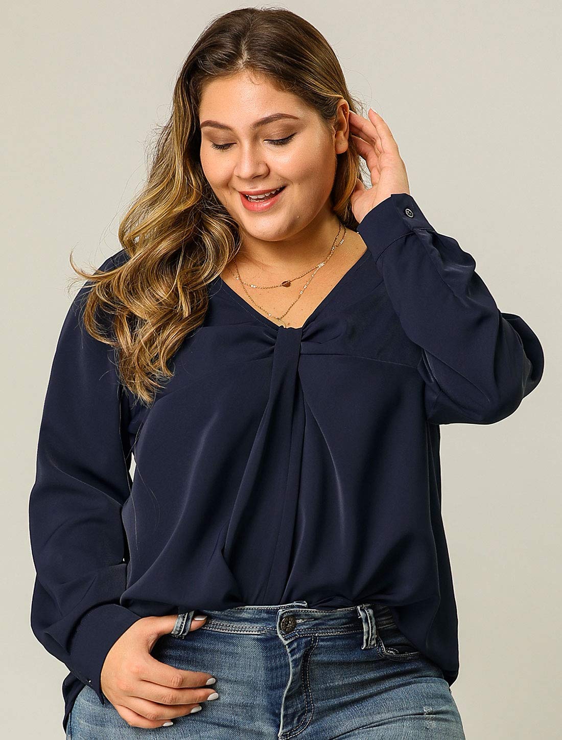 Agnes Orinda Women's Plus Size V-Neck Twist Knot Button Long Sleeve Blouse - Flowy Tunic Top for Work, Office & Casual Outfits