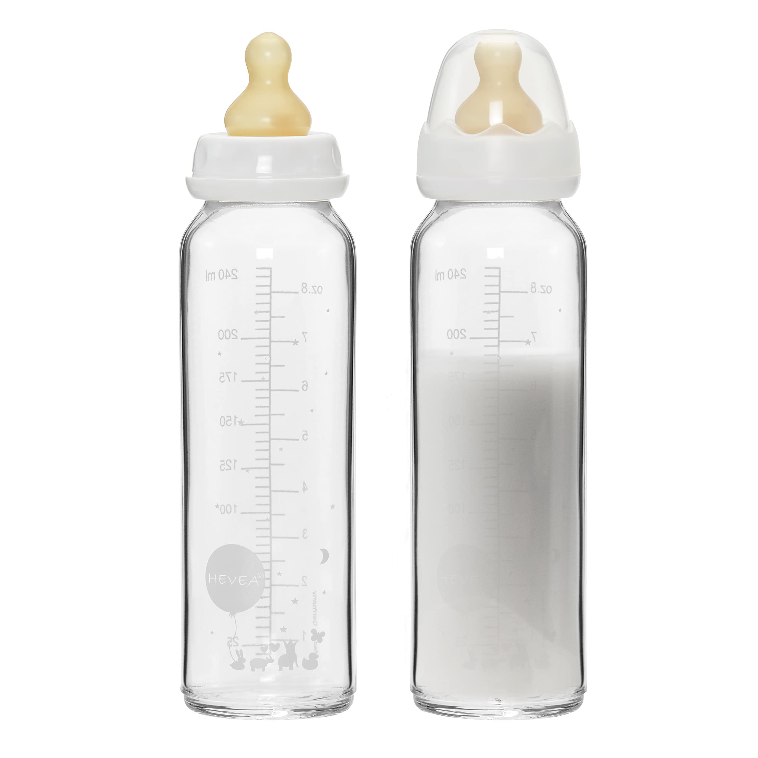 HEVEA Standard Neck Glass Baby Bottles - Medium Flow Anti Colic Baby Bottles for Newborns 3-24 Months - BPA-Free, Eco-Friendly, 8 Oz Two-Pack - Perfect for Breastfeeding, Formula Feeding & Travel