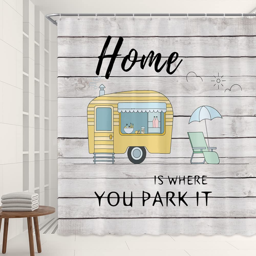 Rustic Cabin RV Shower Curtain - Waterproof Polyester Fabric with Hooks for Campers, Trailers & RVs - Farmhouse Country Camper Bathroom Decor - Perfect for Summer Beach, Ocean Theme & Outdoor Adventures