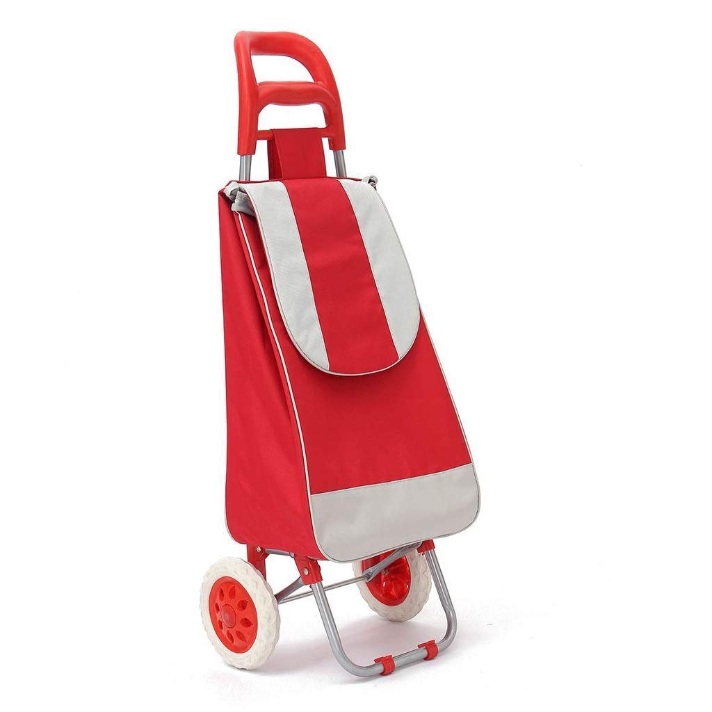 Collapsible Folding Wagon Cart - 45L Foldable Shopping Trolley with Wheels, Push Tote Basket for Groceries, Beach, Picnic & Camping - Durable Oxford Fabric Reusable Shopping Bag (Red)