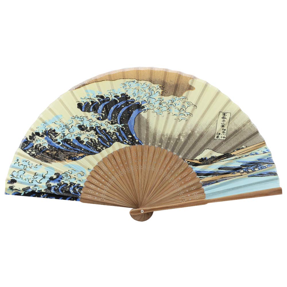 Japanese Handmade Bamboo Silk Folding Fan - Traditional Japanese Wave Design, 8.6