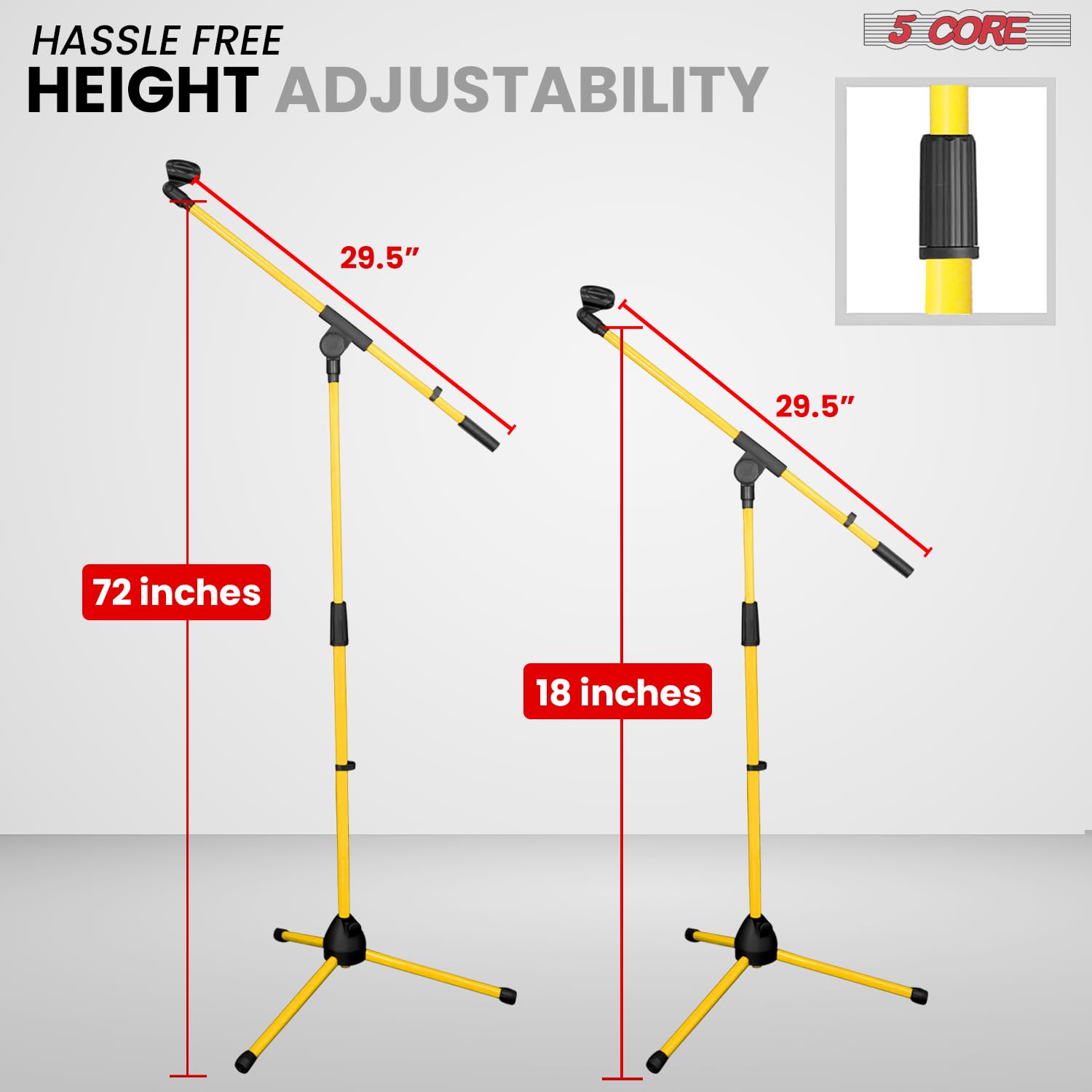 5 Core Heavy Duty Adjustable Tripod Mic Stand (18-72 Inches) with Sturdy Boom Arm - Professional Microphone Stand for Singing, Podcasting & Studio Recording - MS 080 YLW