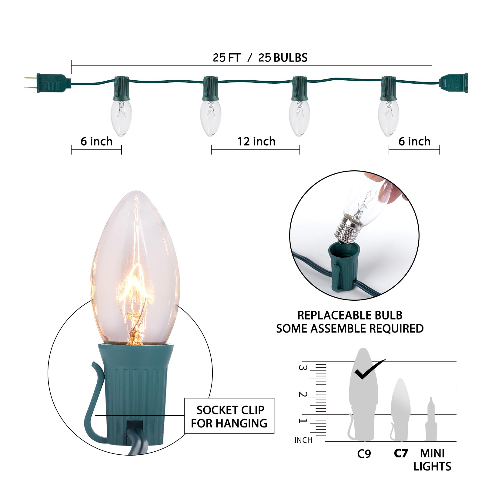 C9 Clear Christmas String Lights - 25ft Green Wire Outdoor Holiday Lights for Roofline, Patio & Yard Decor | Waterproof Christmas Tree & House Decoration Lights for Parties, Weddings & Festive Season