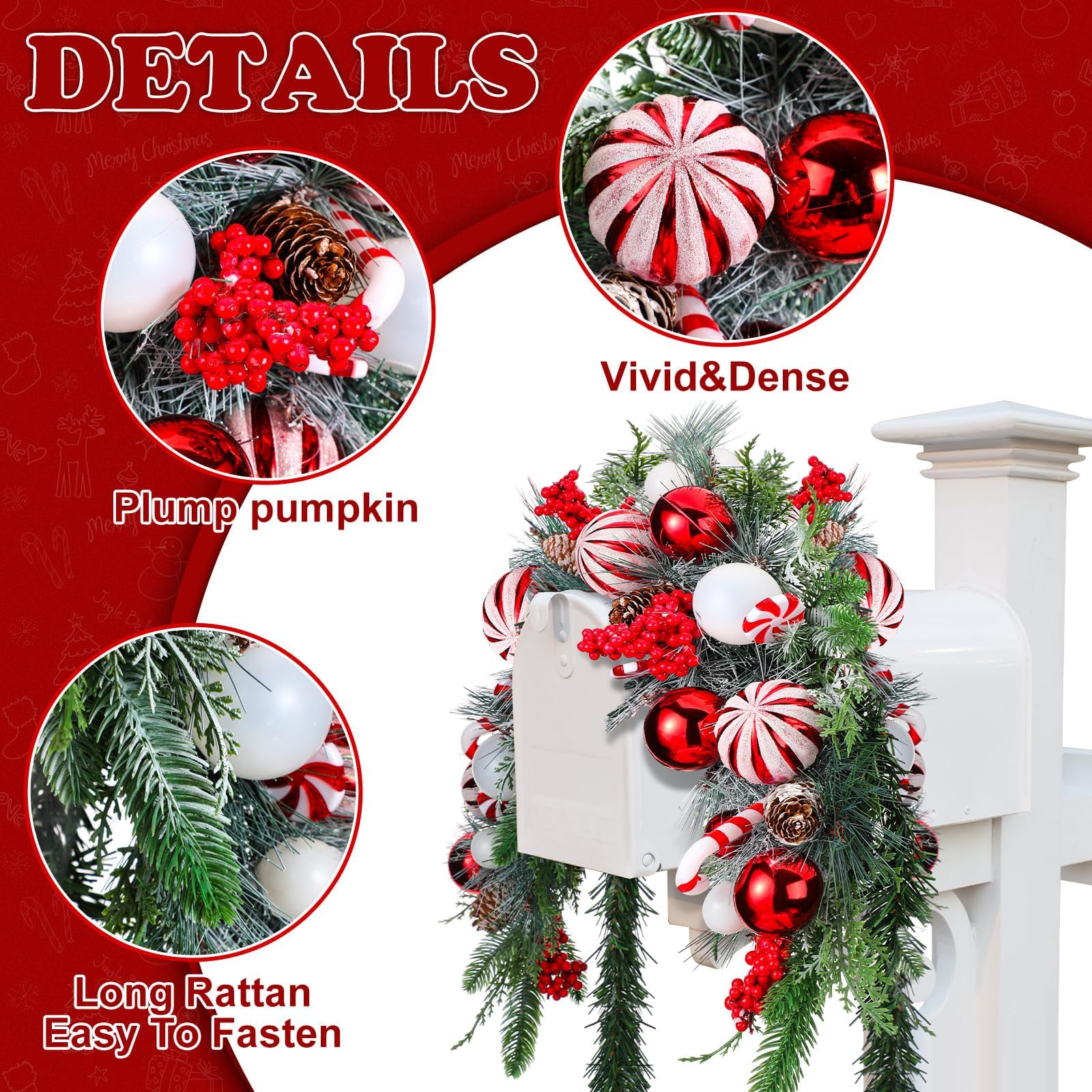 Artificial Candy Cane Christmas Mailbox Swag with LED Lights, Berry Clusters & Pine Cones - Outdoor Holiday Mailbox Decor for Home, Porch and Yard | Waterproof & Durable Christmas Decoration