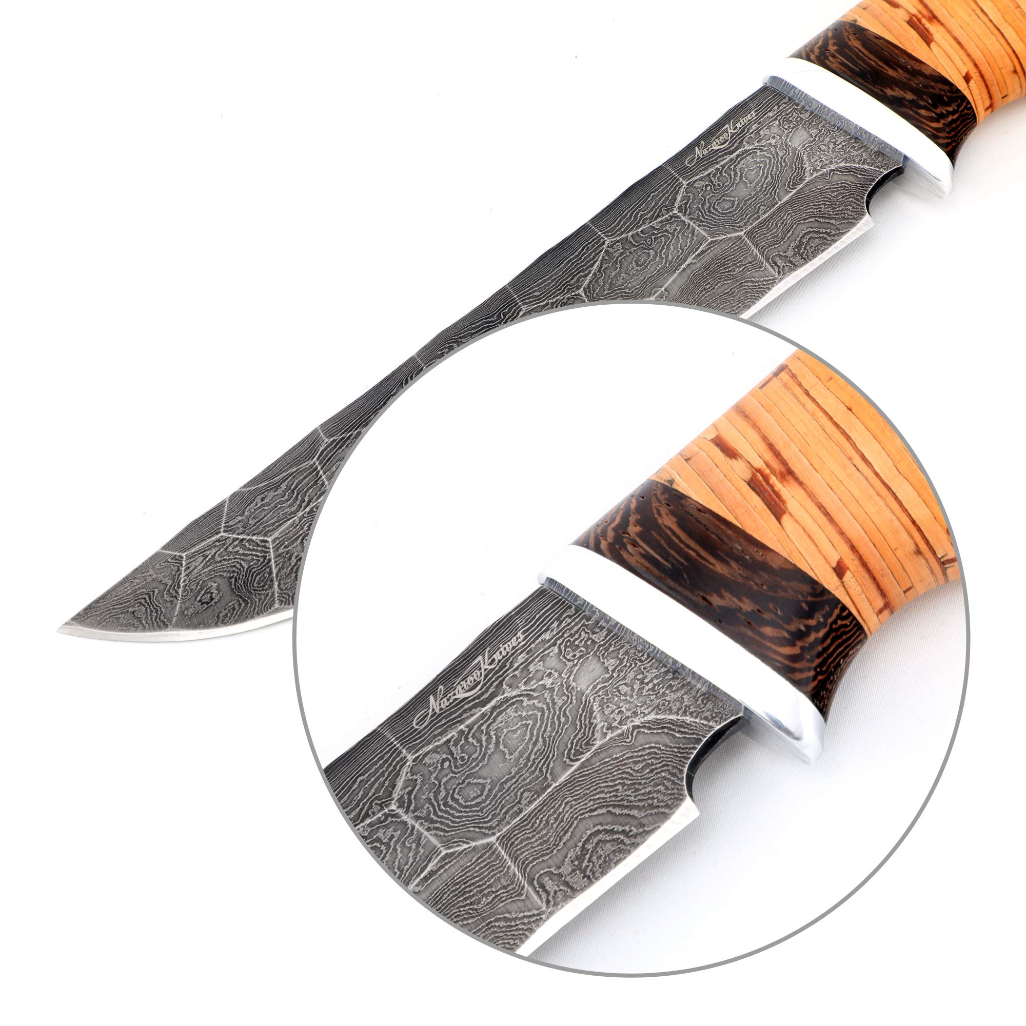 Premium Fixed Blade Hunting Knife - Sharpened OVOD Damascus Steel with Birchbark Handle & Leather Sheath - Outdoor Survival, Camping, Bushcraft Essential Gear