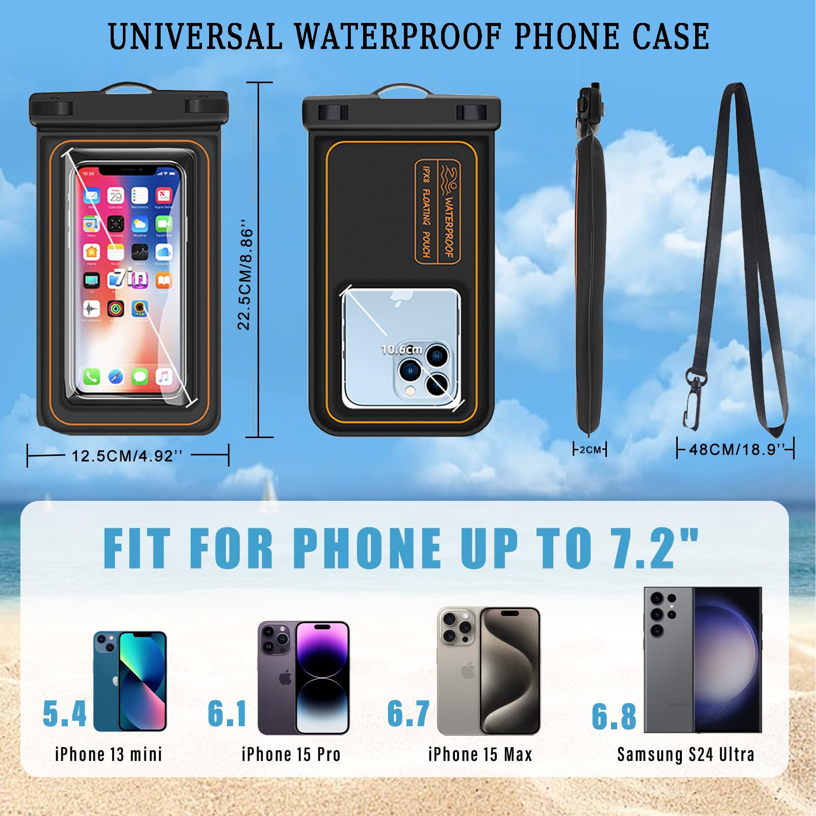 **Waterproof Phone Pouch IPX8 - Floating Dry Bag for iPhone 16/15 Pro Max/14 Plus/13/12/11/XR/XS/SE & Galaxy S24/S23/S22 FE (Up to 7.2
