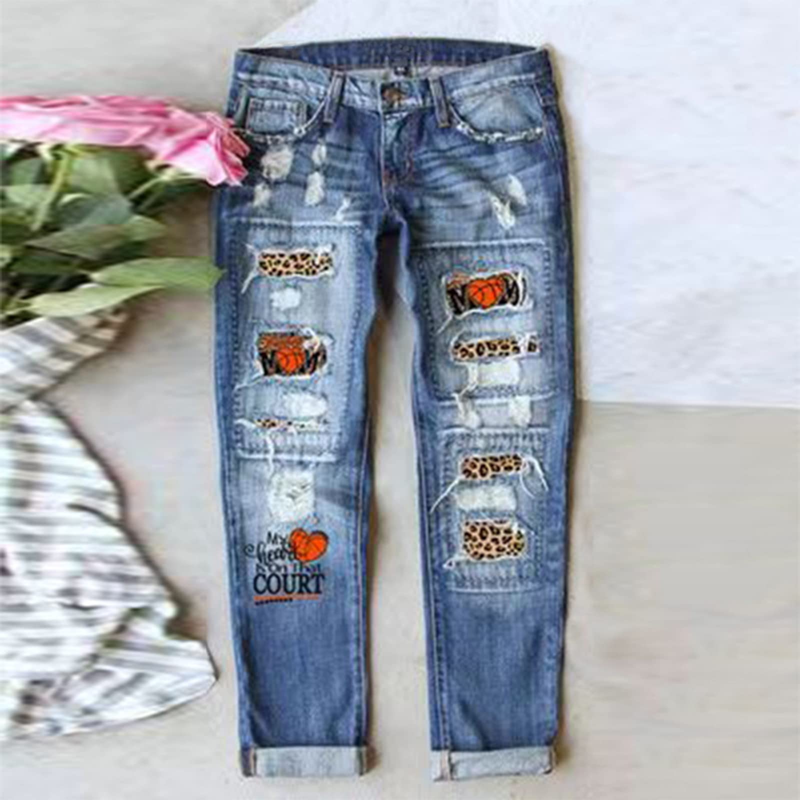 Women's Boyfriend Jeans - Ripped Distressed Denim Pants with Leopard Patch | Straight Leg Comfort Fit | Casual Wear, Street Style & Everyday Outfits