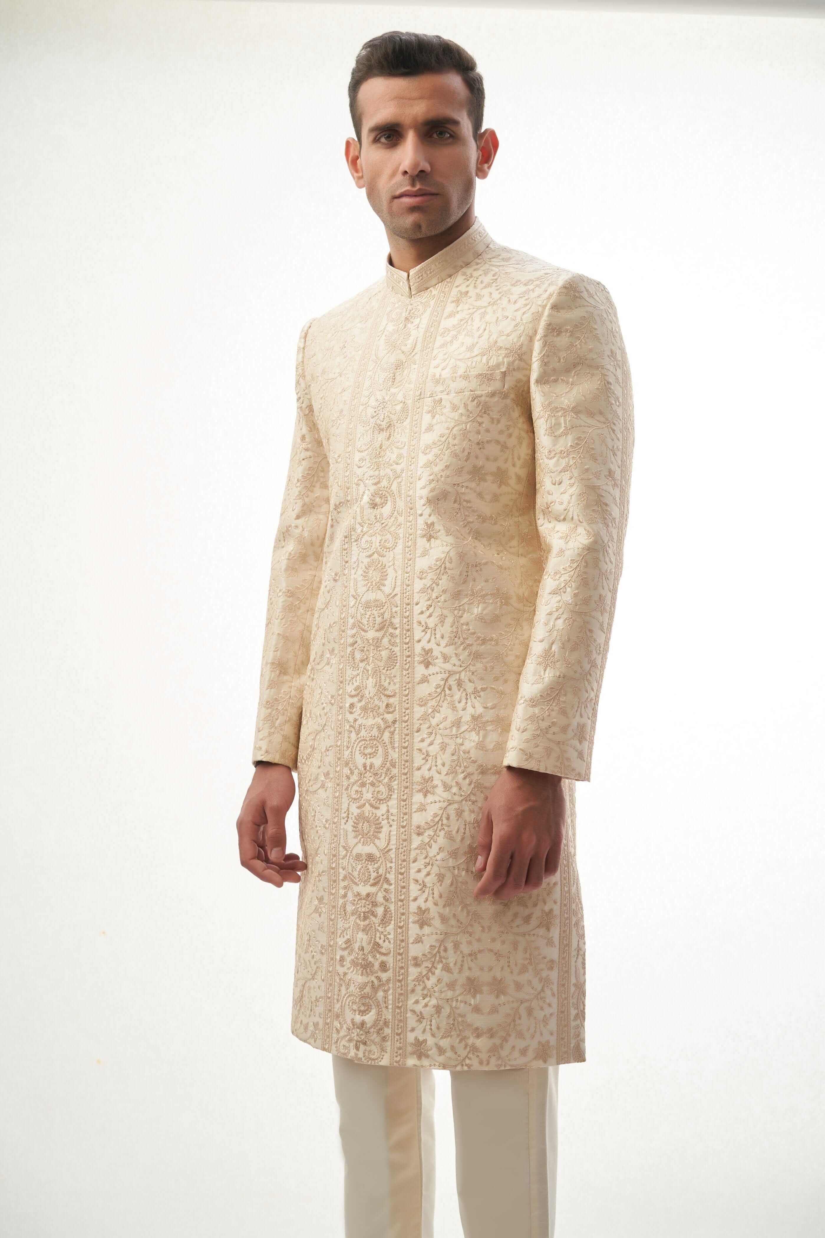 Elegant Fawn Persian Painting Inspired Sherwani for Men | Traditional Indian Wedding Attire | Perfect for Grooms, Festivals & Cultural Events