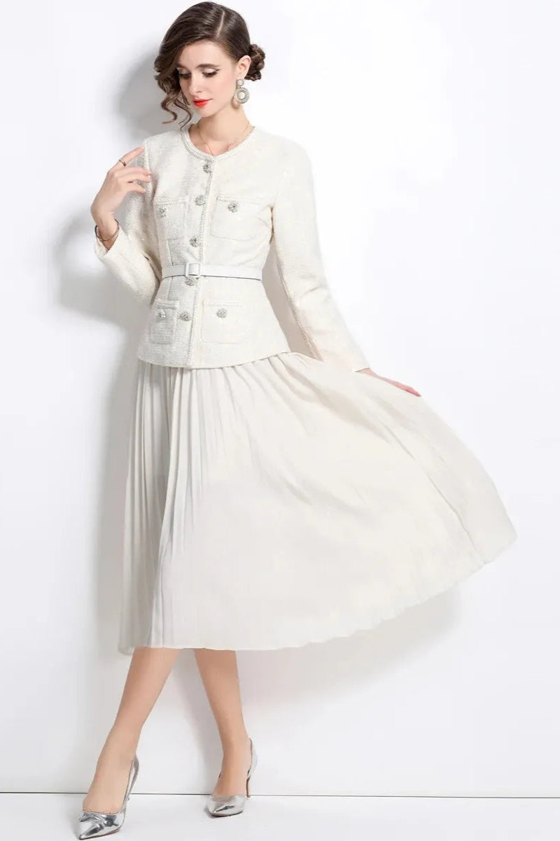 Elegant Cream Sequin Boucle Tailored Midi Dress for Women - Perfect for Cocktail Parties, Weddings & Evening Events