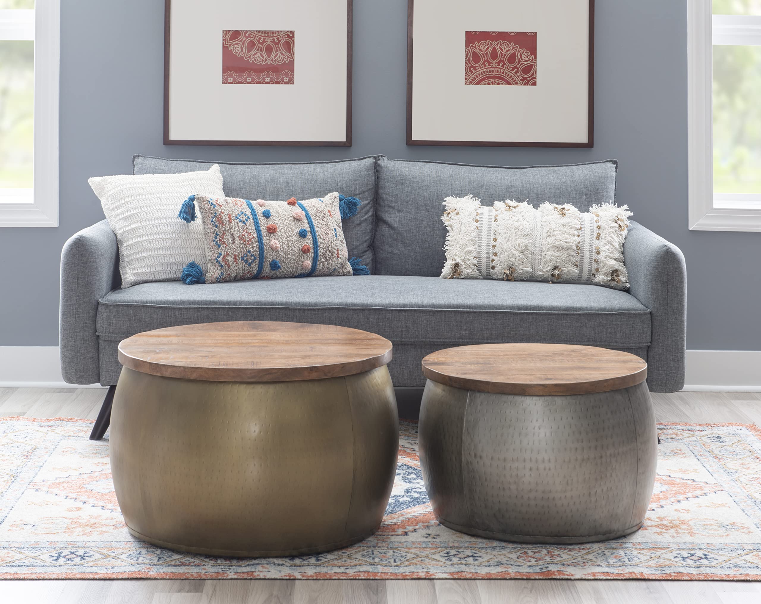 Powell Janice Small Silver Storage Drum Table - Stylish Side Table with Hidden Storage for Living Room, Bedroom, or Office