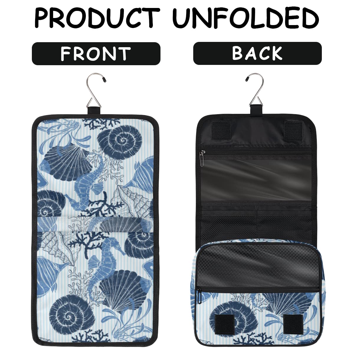 Waterproof Hanging Toiletry Bag with Seashell Design - Travel Makeup Organizer Pouch with Hook for Women & Men - Perfect for Beach Vacations, Camping Trips and Gym Use