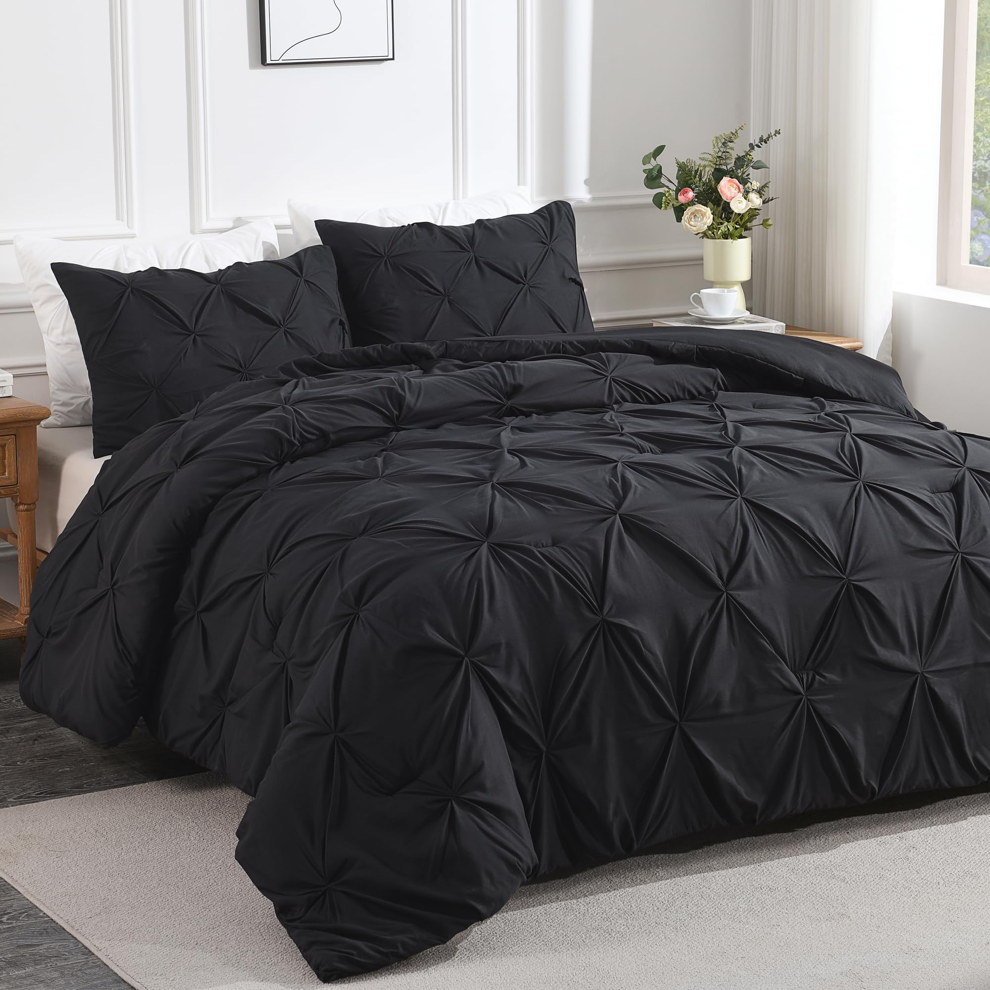 Andency Black Pinch Pleat Comforter Twin Set (66x90 Inch) - 2 Piece Microfiber All Season Down Alternative Bedding with Pintuck Design & Pillowcase - Perfect for Guest Rooms, Dormitories & Cozy Bedroom Decor