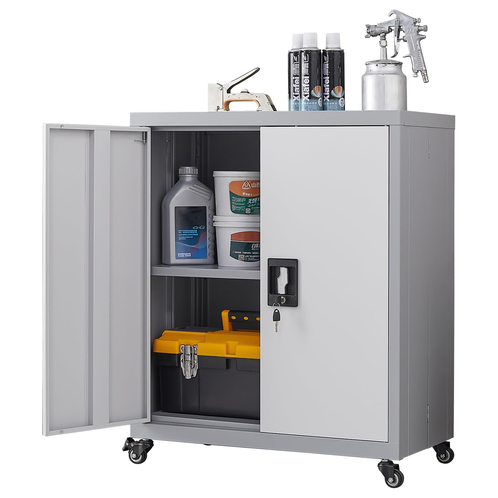 GREATMEET Heavy-Duty Metal Storage Cabinet with Wheels - Locking Tool Cabinet with Adjustable Shelves & Doors for Garage, Workshop, Home Office & Utility Room Organization - Mobile Steel Cabinet for Tools, Supplies & Equipment Storage