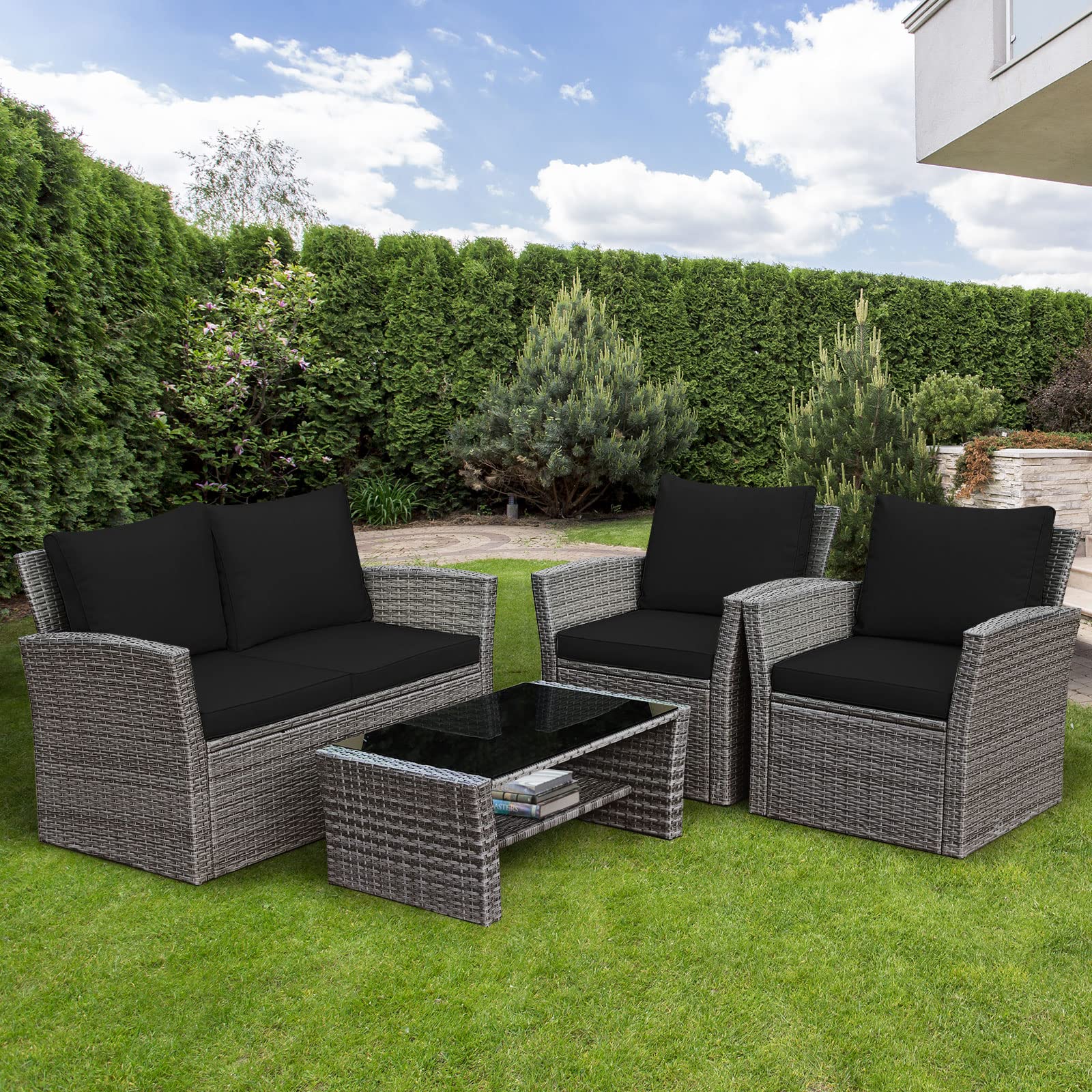 Tangkula 4-Piece All-Weather Outdoor Patio Furniture Set - Black Rattan Sectional Sofa with Cushions & Tempered Glass Table - Durable Wicker Conversation Set for Backyard, Garden, Poolside, Deck or Patio Relaxation