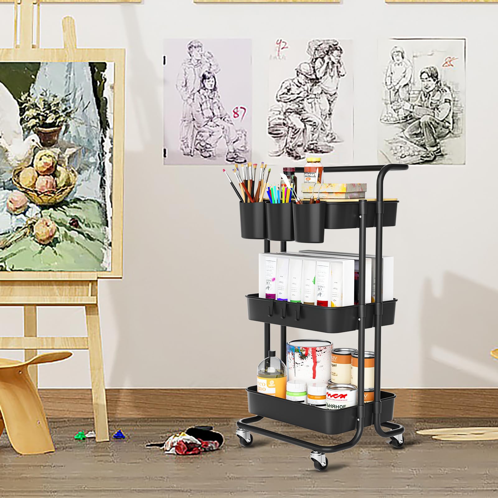 3 Tier Rolling Utility Cart with Lockable Wheels, Metal Handle & Plastic Storage Baskets - Perfect for Kitchen, Bathroom, Office & Classroom Organization - Black