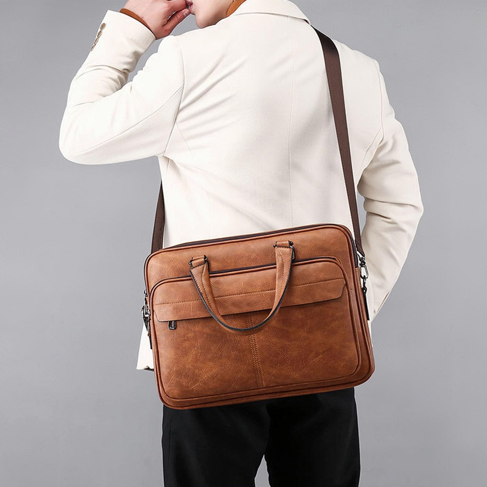 Premium 16.1 Inch Leather Laptop Bag for Men - Convertible Business Briefcase & Crossbody Shoulder Bag for Work, Travel & Daily Commute