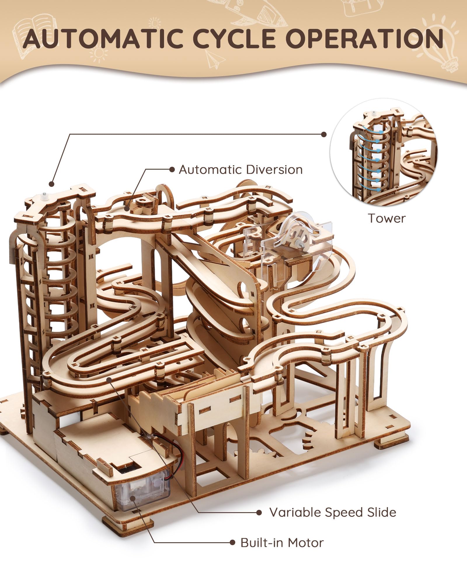 SainSmart Jr. 3D Wooden Puzzle for Adults - 225 PCS Marble Run Building Kit with Electric Motor, DIY Mechanical Model for Teens & Adults Age 14+ - Fun Roller Coaster STEM Toy for Home, Office & Classroom Activities