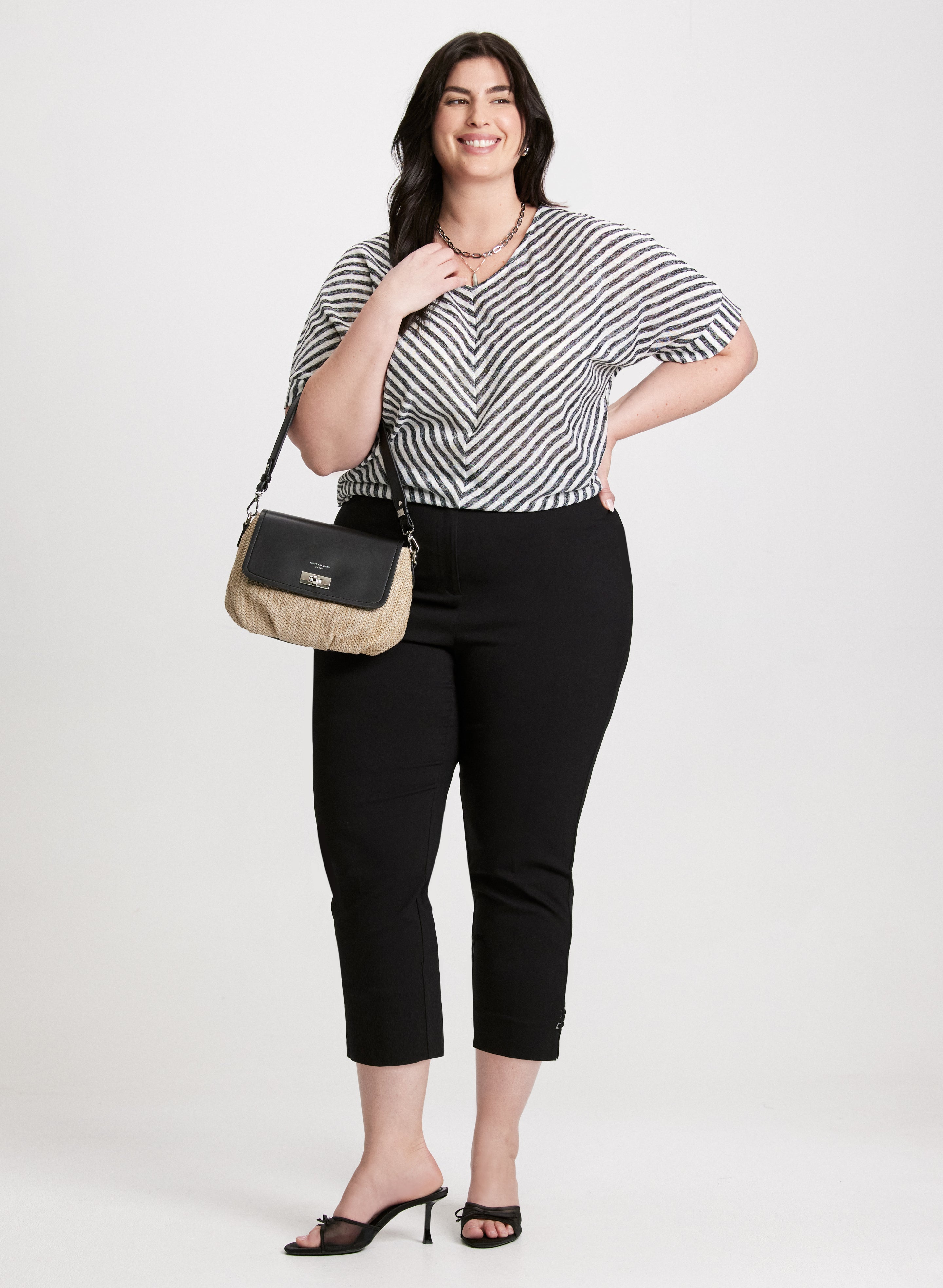 Women's Diagonal Stripes Blouse & Signature Fit Bengaline Capris Set - Casual Office Wear & Summer Outfits