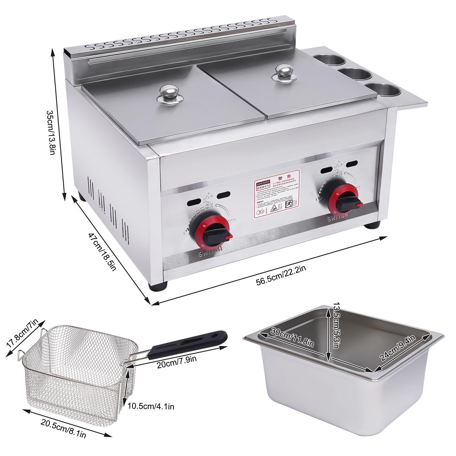 12L Commercial Countertop Deep Gas Fryer - Stainless Steel Outdoor Cooker with 2x 6L Baskets for Chicken, Chips & French Fries - Perfect for Home Kitchen & Restaurant Use
