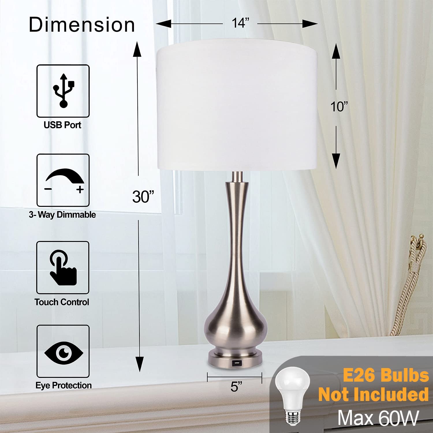 Dimmable Touch Table Lamp with USB Port - 30