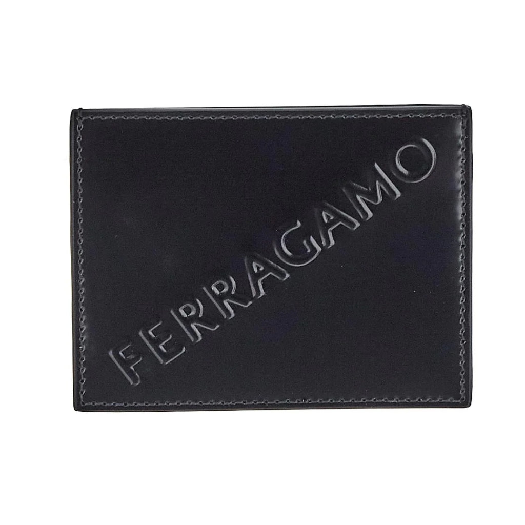 FERRAGAMO Men's Leather Card Holder Wallet - Slim RFID Blocking Black Card Case for Business & Travel