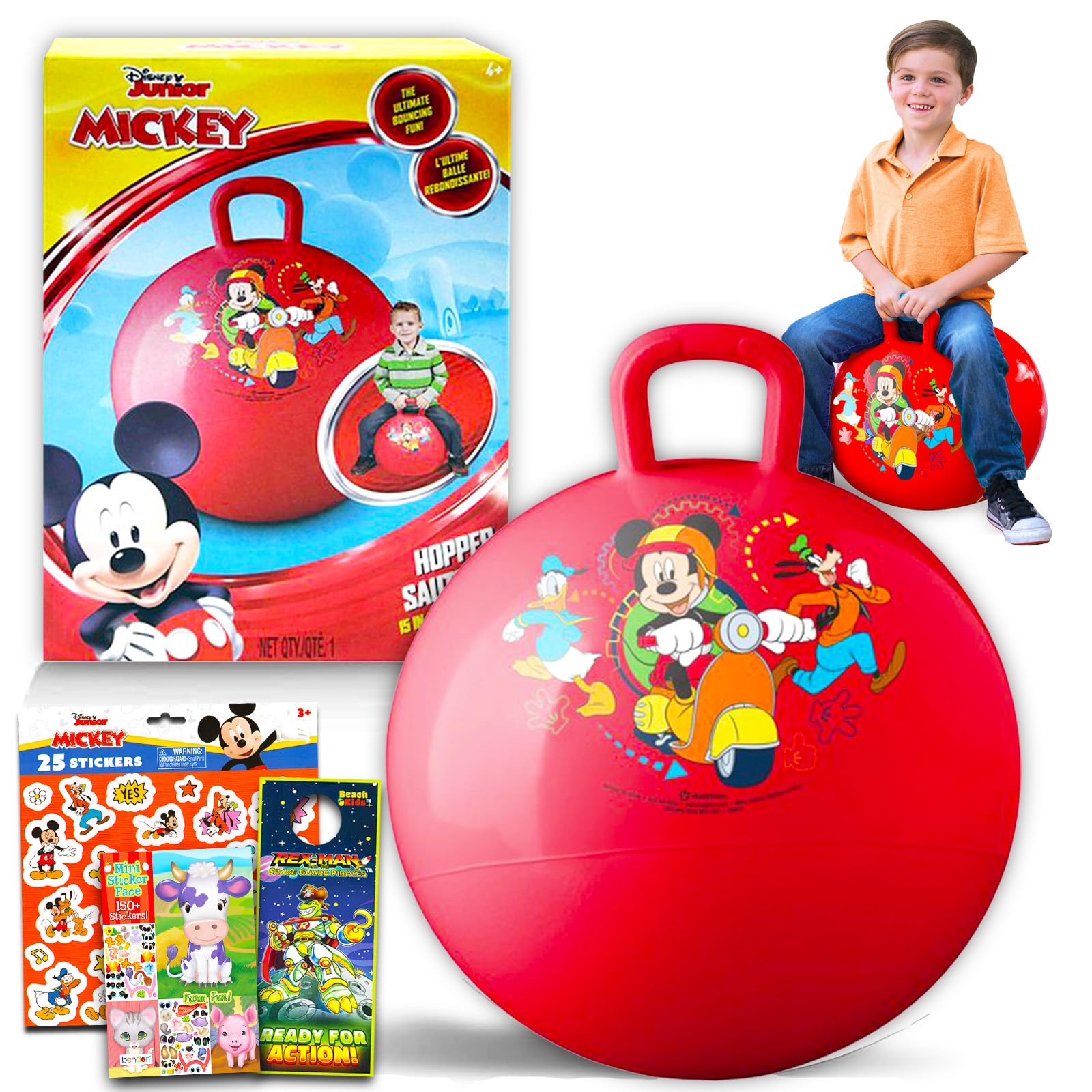 Disney Mickey Mouse Hopper Ball for Kids - 15 Inch Bouncy Ball with Handle, Stickers & Accessories | Fun Outdoor Play Toy for Birthday Gifts, Backyard Games & Preschool Activities