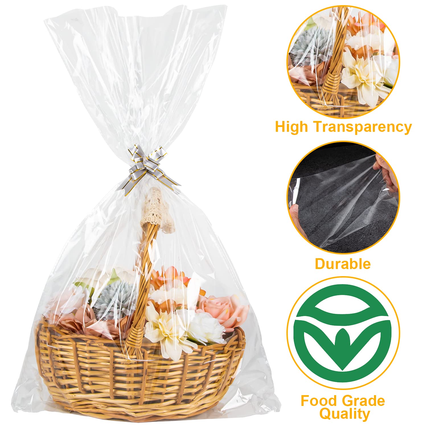 50pcs Clear Cellophane Gift Bags - 3 Sizes (12x18, 16x24, 24x30 inches) with 50 Pull Bows for Gift Wrapping, Party Favors, Wedding Favors & Holiday Packaging - Premium Plastic Packaging Bags for Candy, Cookies & Gift Baskets