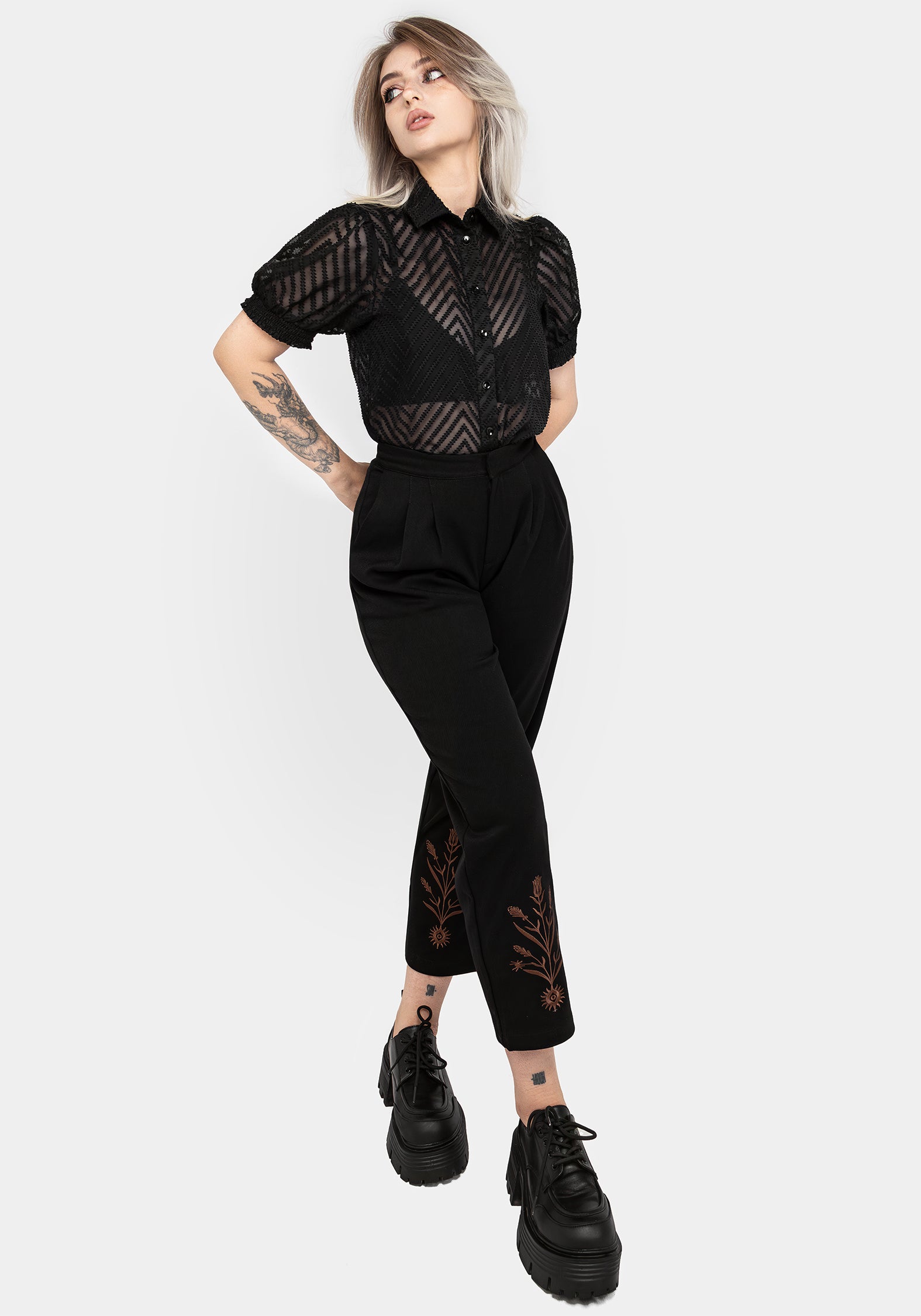 Cybele Embroidered Tapered Trousers for Women - High Waist Slim Fit Pants - Elegant Office & Casual Wear - Perfect for Work, Dates & Special Occasions