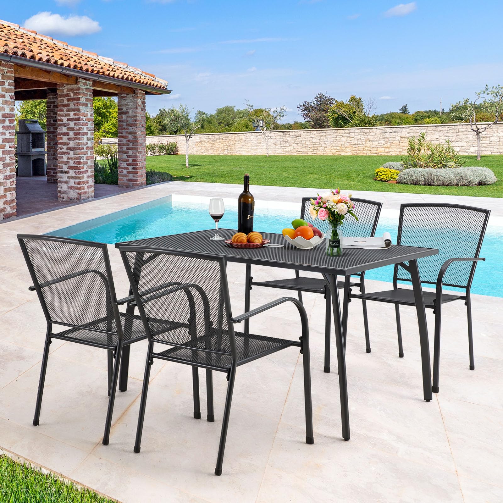 U-MAX 5-Piece Metal Outdoor Dining Set with Square Table & 4 Stackable Chairs - Patio Furniture for Garden, Deck, Backyard | Includes Umbrella Hole for Shade | Perfect for BBQs, Family Gatherings & Outdoor Entertaining