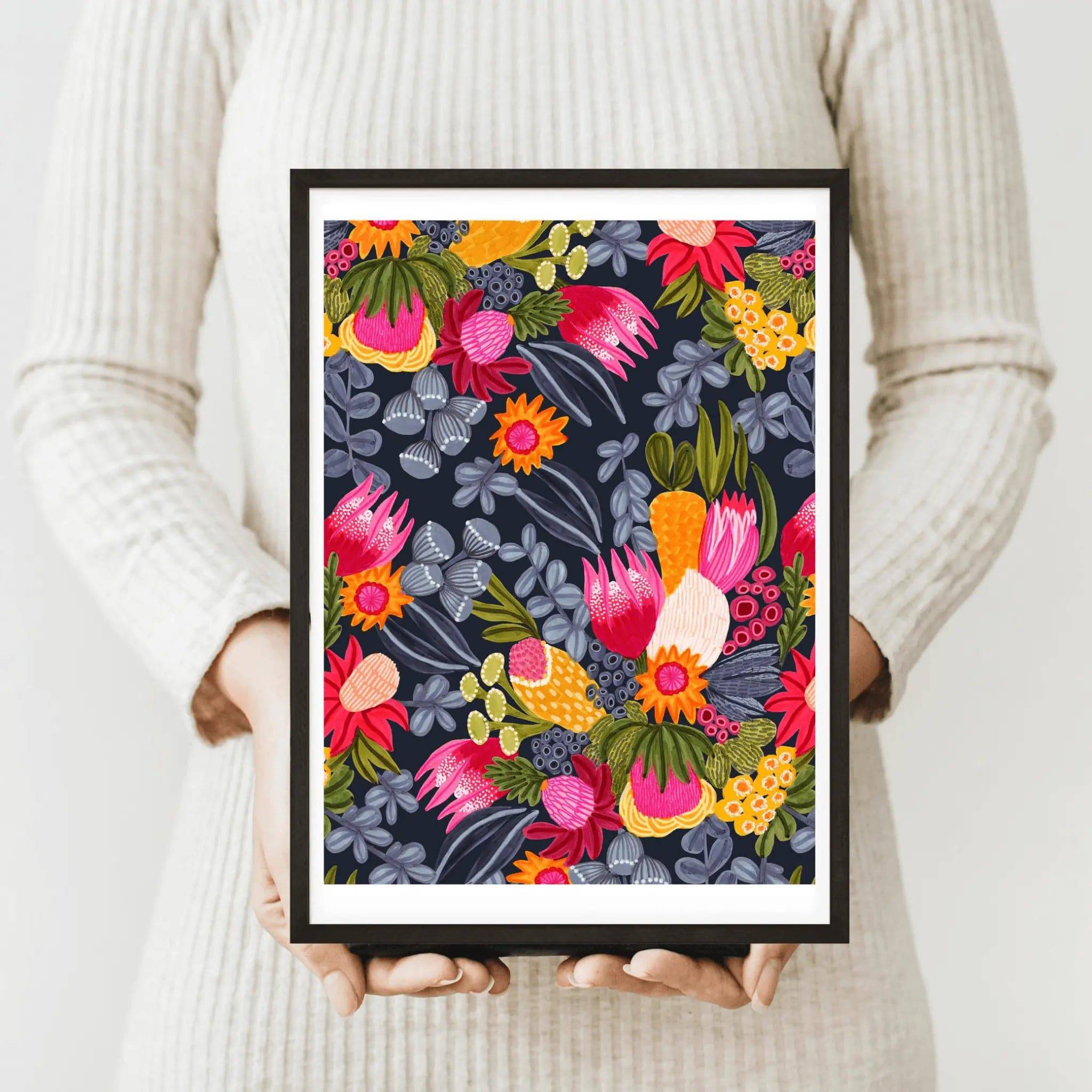 White Protea & Bush Flowers Botanical Art Print - Stunning Floral Wall Decor for Living Room, Bedroom & Office - Perfect for Home & Office Decor