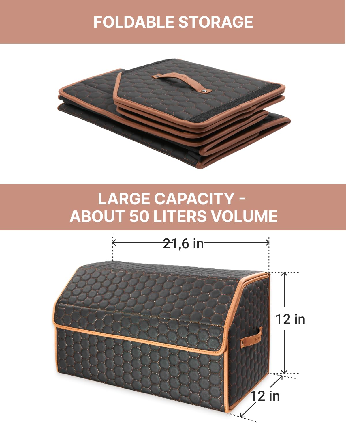Foldable Trunk Organizer for Car Storage - Collapsible Auto Organizer with Lid - 21.6 Inch Hexy Design for SUV, Sedan & Minivan - Perfect for Groceries, Travel Gear & Sports Equipment Organization