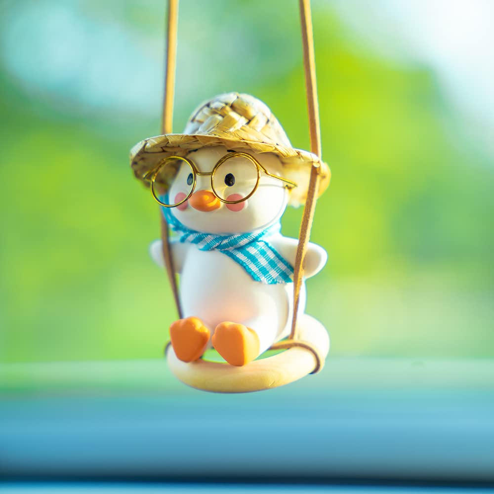 Swing Duck Car Mirror Hanging Decor - Cute Blue Tie Duck Pendant for Rearview Mirror - Perfect Car Accessories for Women & Unique Car Gift - Ideal for Daily Commute, Road Trips & Personalizing Your Vehicle