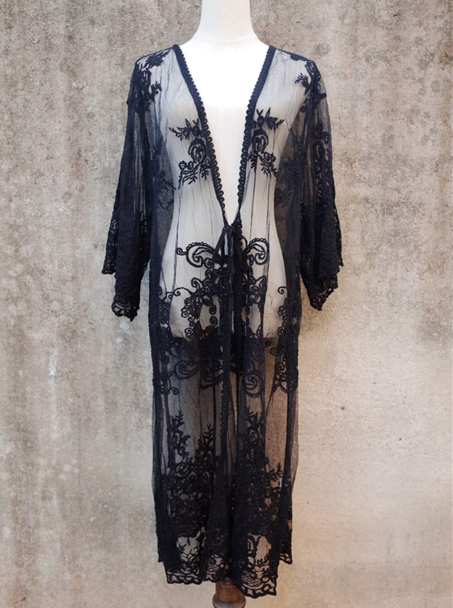 Women's Lace Floral Crochet Bohemian Kimono Cardigan Cover Up - Lightweight Beachwear for Summer, Seaside, Vacation & Music Festivals
