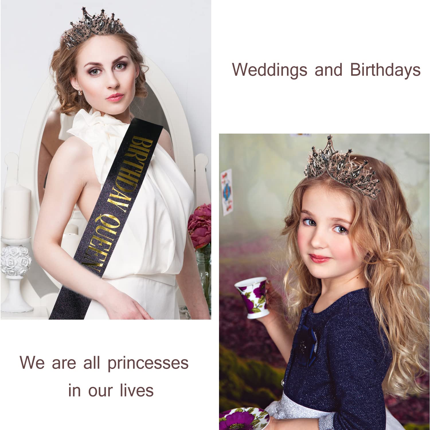 Elegant Birthday Tiaras & Queen Crowns for Women - Black Birthday Girl Sash & Crown Set - Perfect for Birthday Parties, Bachelorette Celebrations & Special Occasions