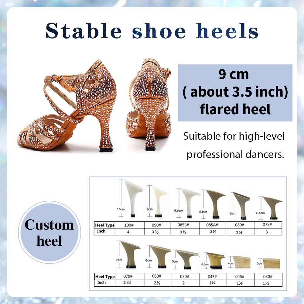 Professional Women's Rhinestone Latin Dance Shoes - 3.5 Inch Heel Open Toe Ballroom Salsa Shoes for Social Dancing | Perfect for Competitions, Performances & Dance Classes