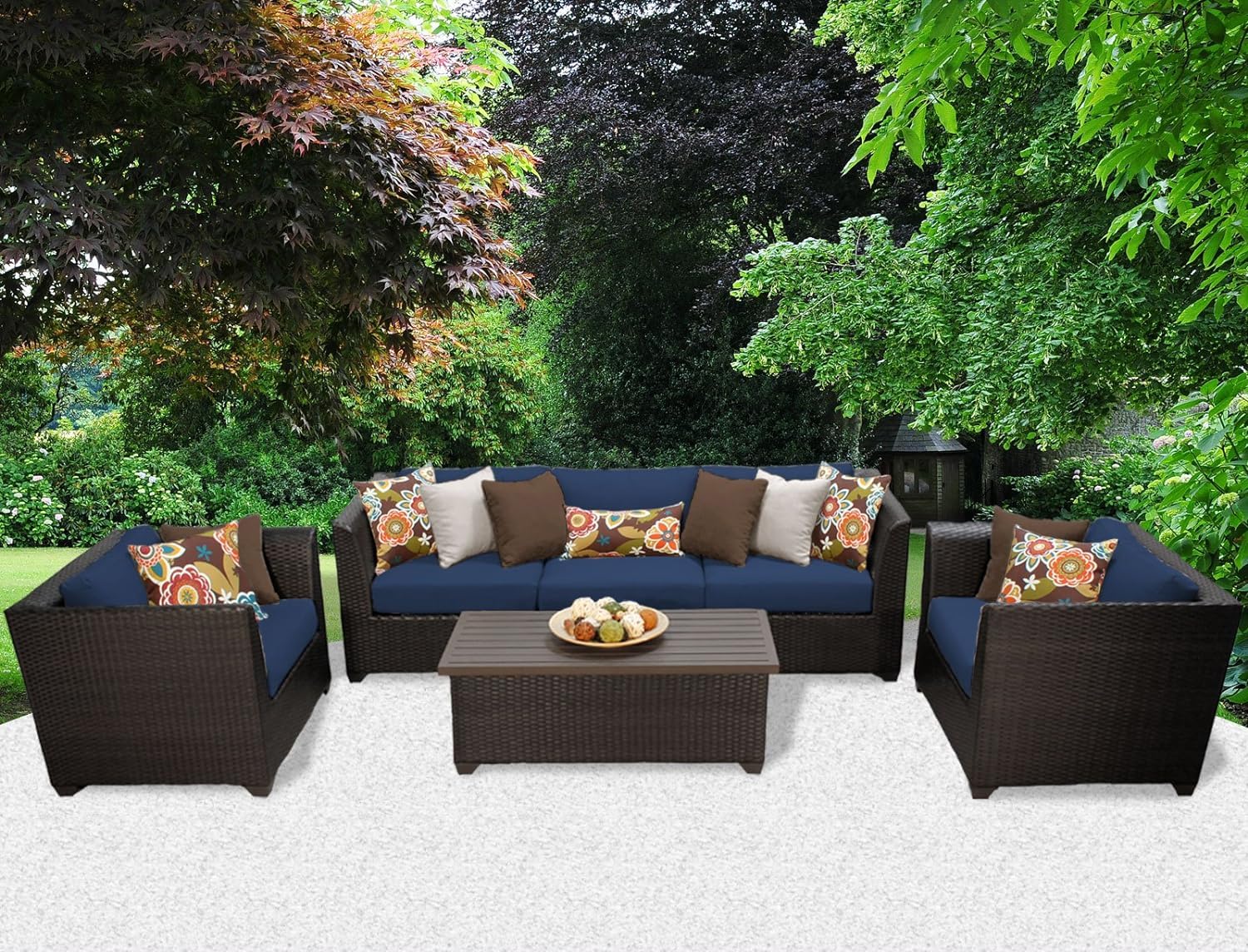 TK Classics BARBADOS 6-Piece Outdoor Wicker Patio Furniture Set in Navy Blue - All-Weather Rattan Sofa Set with Coffee Table for Garden, Poolside & Backyard Relaxation