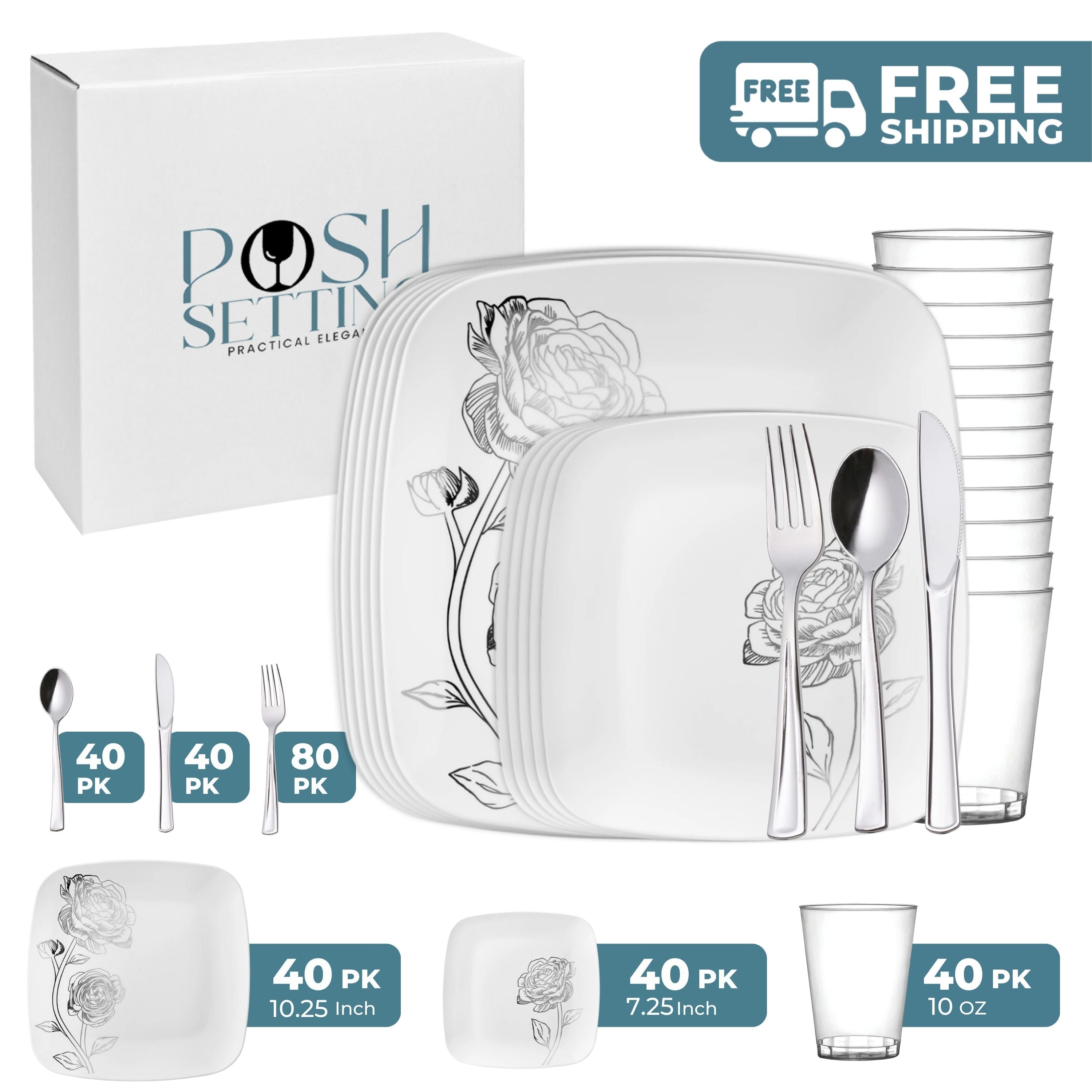 White and Silver Plastic Party Bundle with Peony Design - Elegant Tableware for Weddings, Birthdays, and Special Events