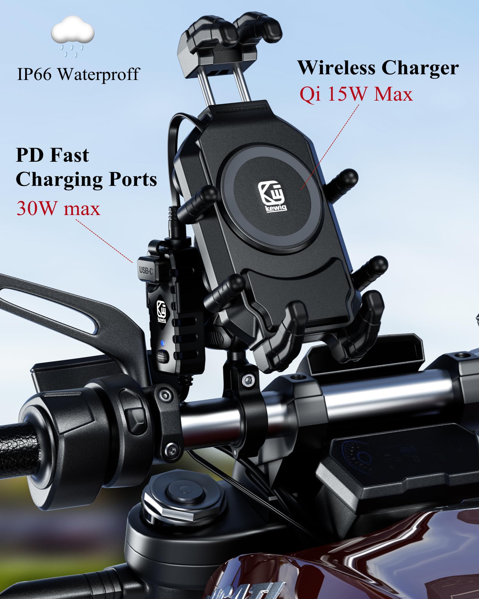 BRCOVAN Motorcycle Phone Mount with Qi 15W Wireless Charger & 30W PD/USB-C Fast Charging - Anti-Theft Handlebar Phone Holder with Vibration Dampener for 5.4''-7.2'' Smartphones - Perfect for Adventure Riding, Commuting & GPS Navigation
