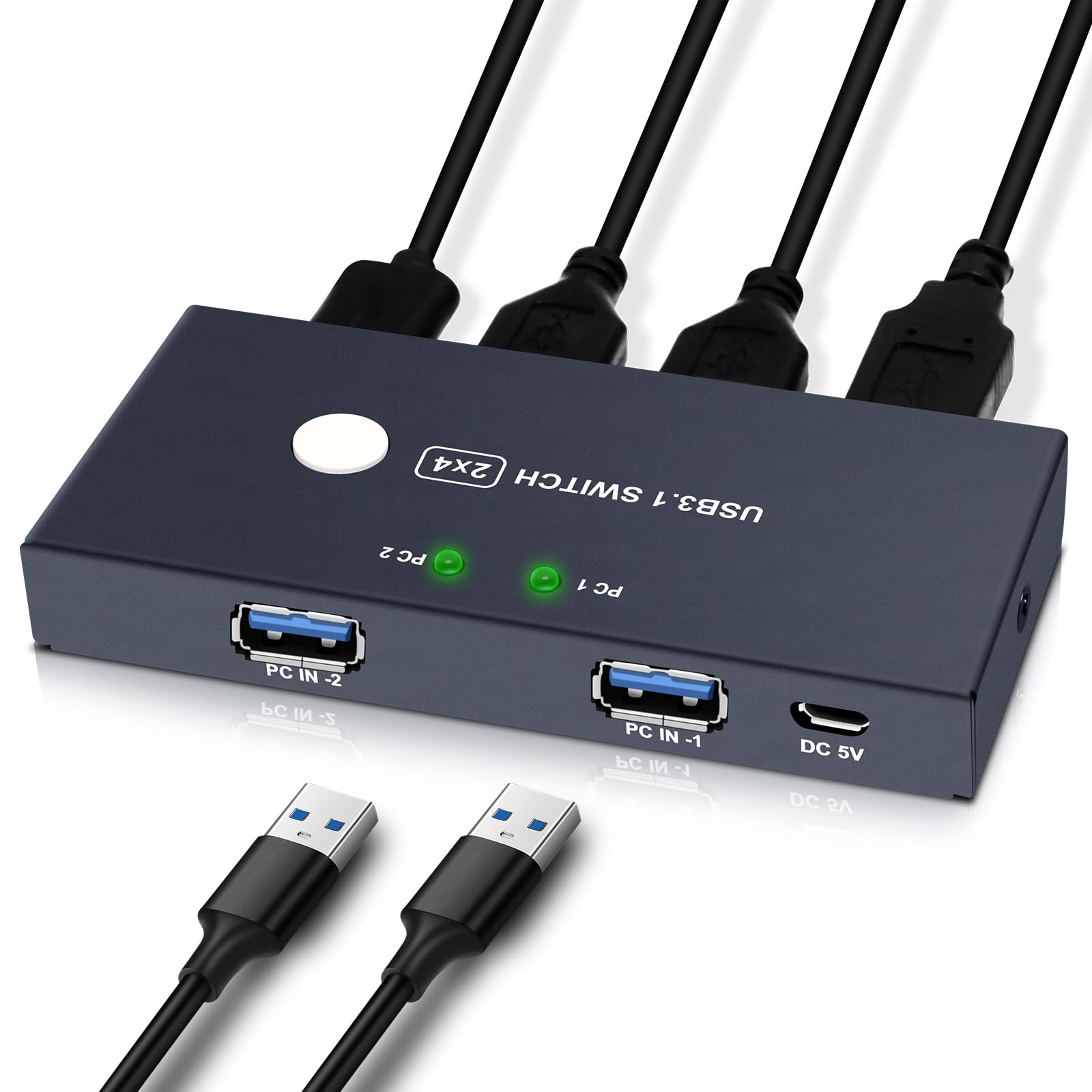 EVATEK USB 3.0 KVM Switch - 2 Input 4 Output USB 3.1 Hub with 2 Cables for Sharing 4 Devices - Peripheral Switcher Box for PC, Laptop, Printer, Scanner - Ideal for Home Office & Multi-Computer Setup