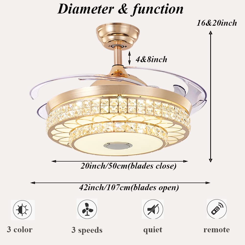 MoreChange Retractable Ceiling Fan with LED Lights - 3 Speed Settings & 3 Color Temperatures, Silent Motor, Gold Finish - Perfect for Bedroom, Living Room & Dining Room Lighting