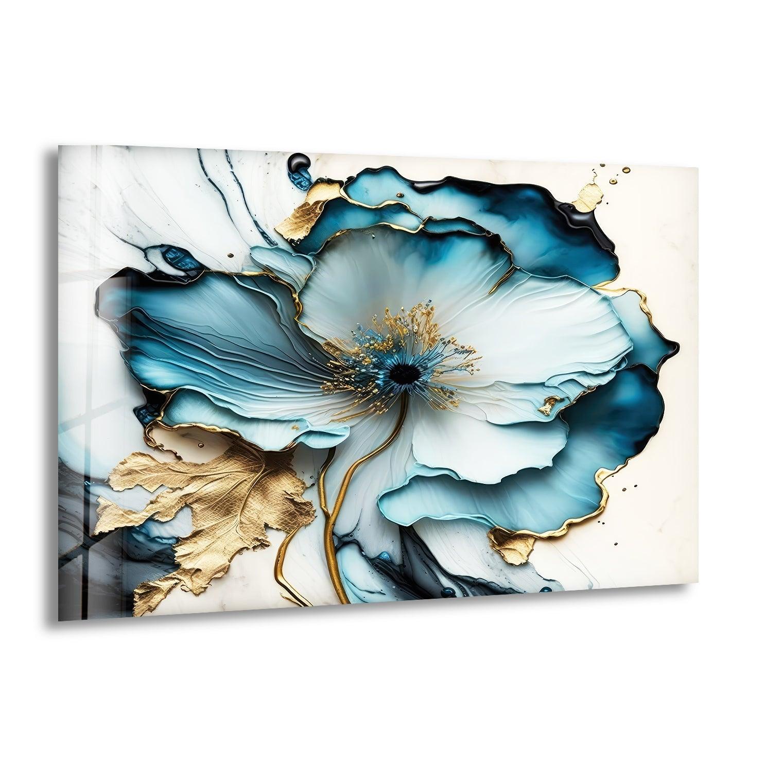 Abstract Blue Flower Glass Wall Art - Modern Handmade Decor for Living Room, Bedroom, Office - Elegant Home & Gift Idea for Housewarming, Wedding, Anniversary