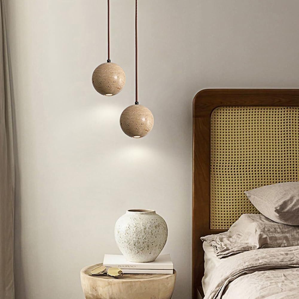 Nordic Spherical Pendant Lamp with Marble Shade - 3W LED Chandelier in Natural Stone - Vintage Farmhouse Ceiling Light for Kitchen Island, Bedroom, Hallway & Dining Room - Energy Efficient Mini Spot Lighting for Rustic Home Decor