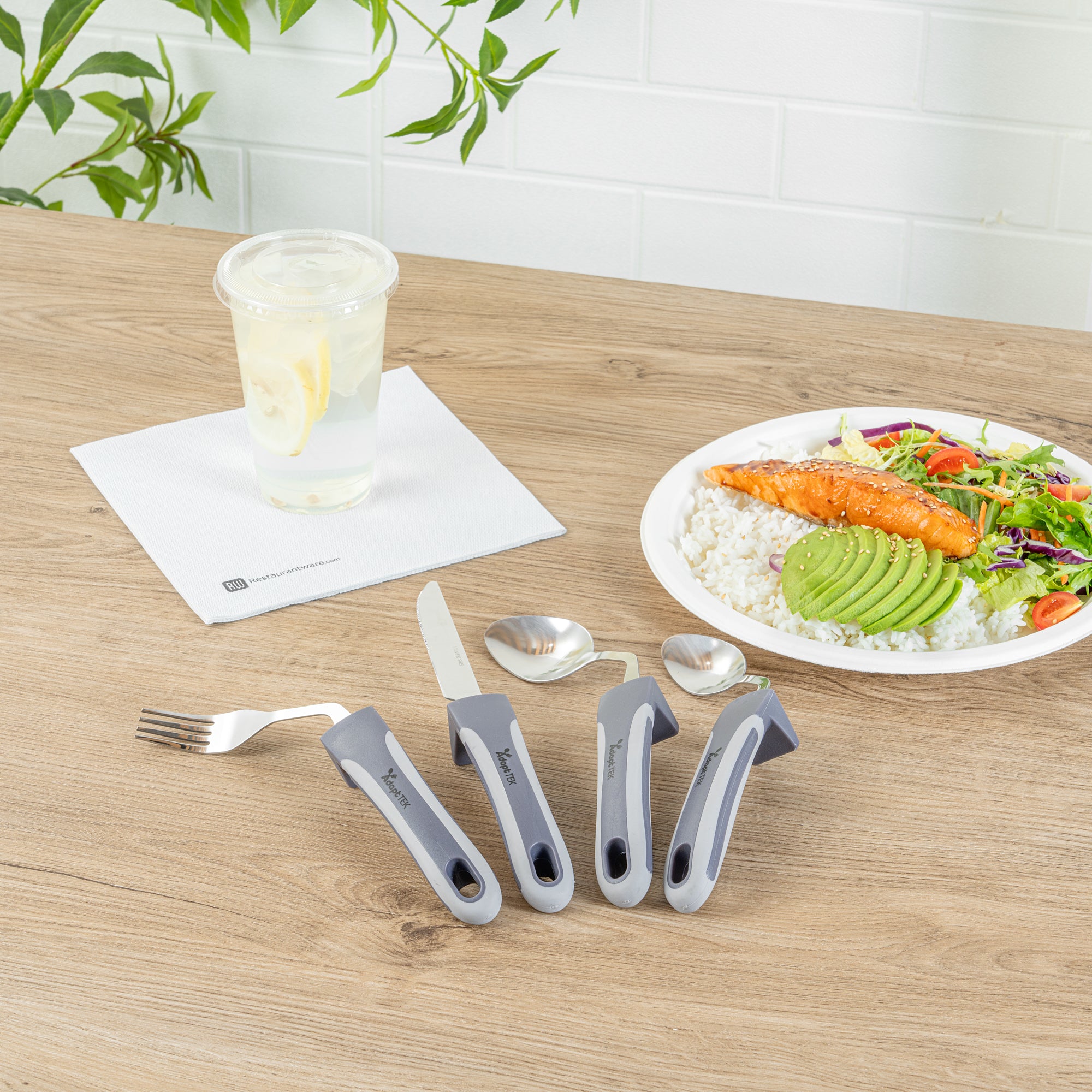 Adapt Tek Gray Stainless Steel 4-Piece Adaptive Offset Utensil Set for Right-Handed Users - Lightweight, Non-Slip Grip - Perfect for Arthritis & Limited Mobility (1 Count Box) - Ideal for Cooking, Baking & Everyday Kitchen Tasks