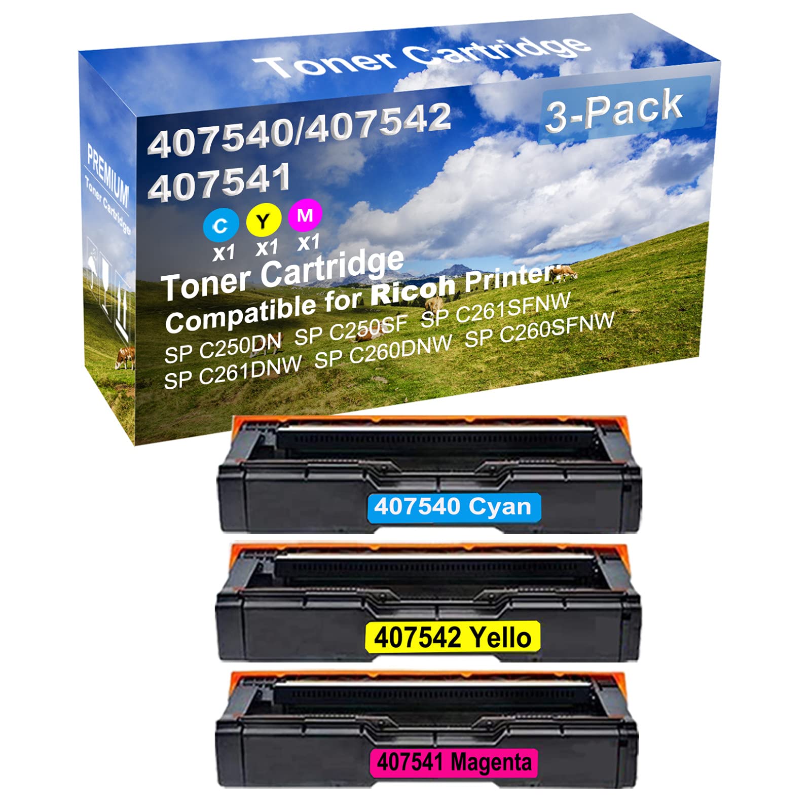 3-Pack (Cyan, Yellow, Magenta) High Yield 407540 407542 407541 Compatible Toner Cartridges for Ricoh SP C260DNW & SP C260SFNW Laser Printers - Perfect for Office Printing & High Volume Documents